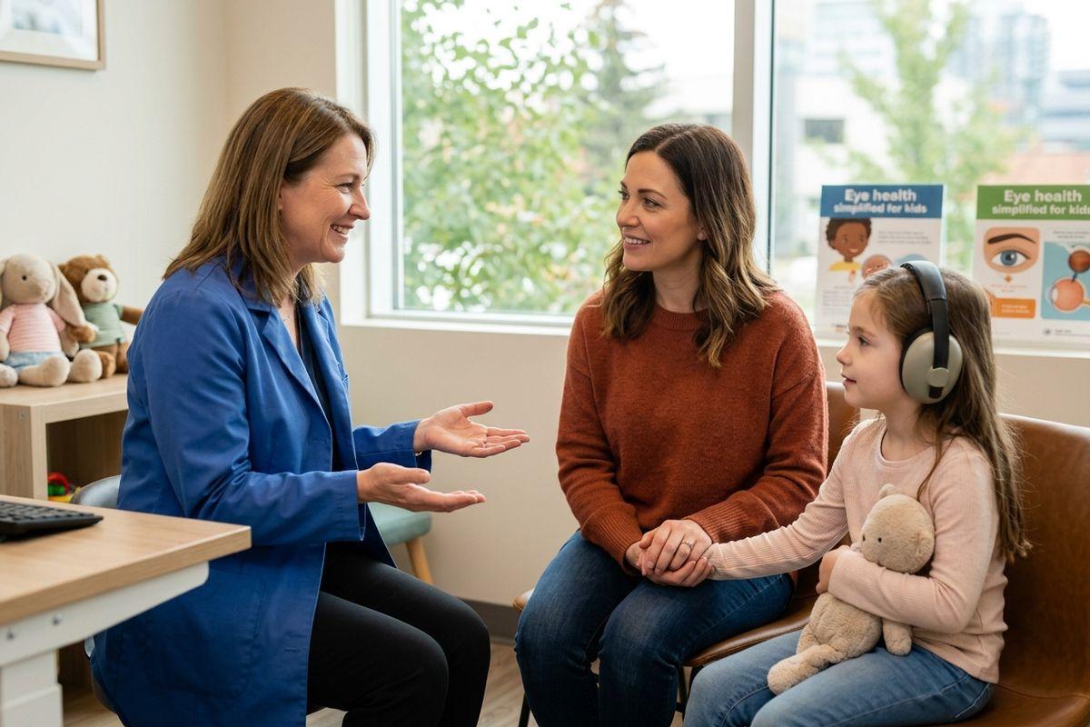Clinician talking with an adult and a child wearing headphones holding a teddy bear in a pediatric eye clinic.