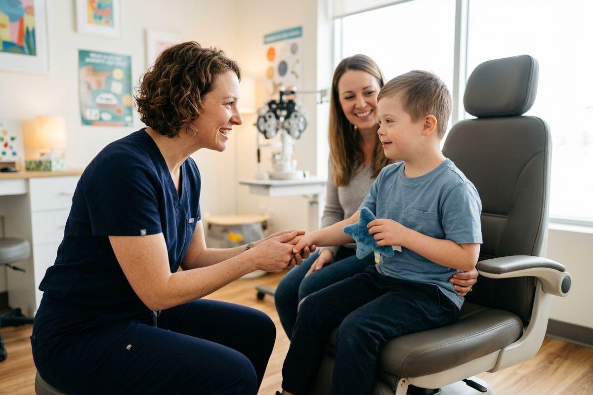 Optometrist holds the hand of a smiling child in an exam chair, with an adult beside them in an eye exam room.