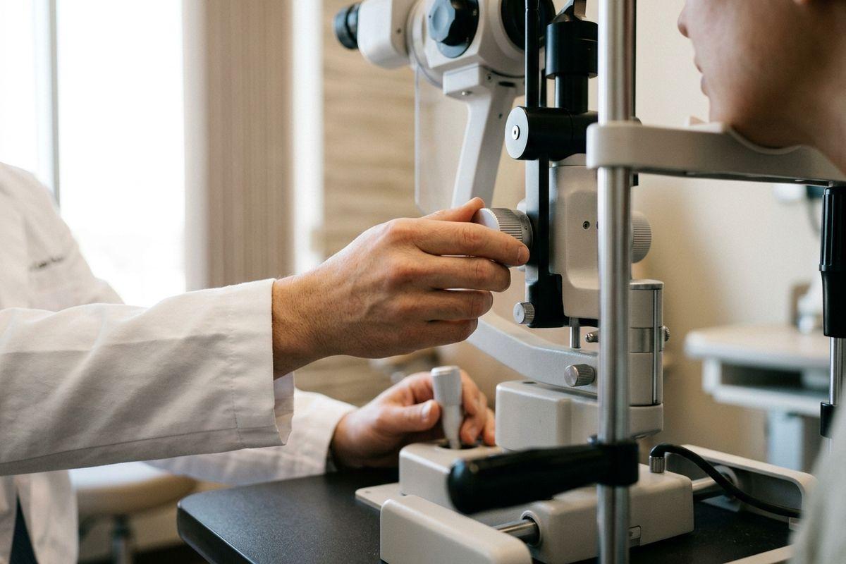 Optometrist's hands adjusting the knobs of a slit lamp while a patient rests their chin on the headrest during an eye exam.