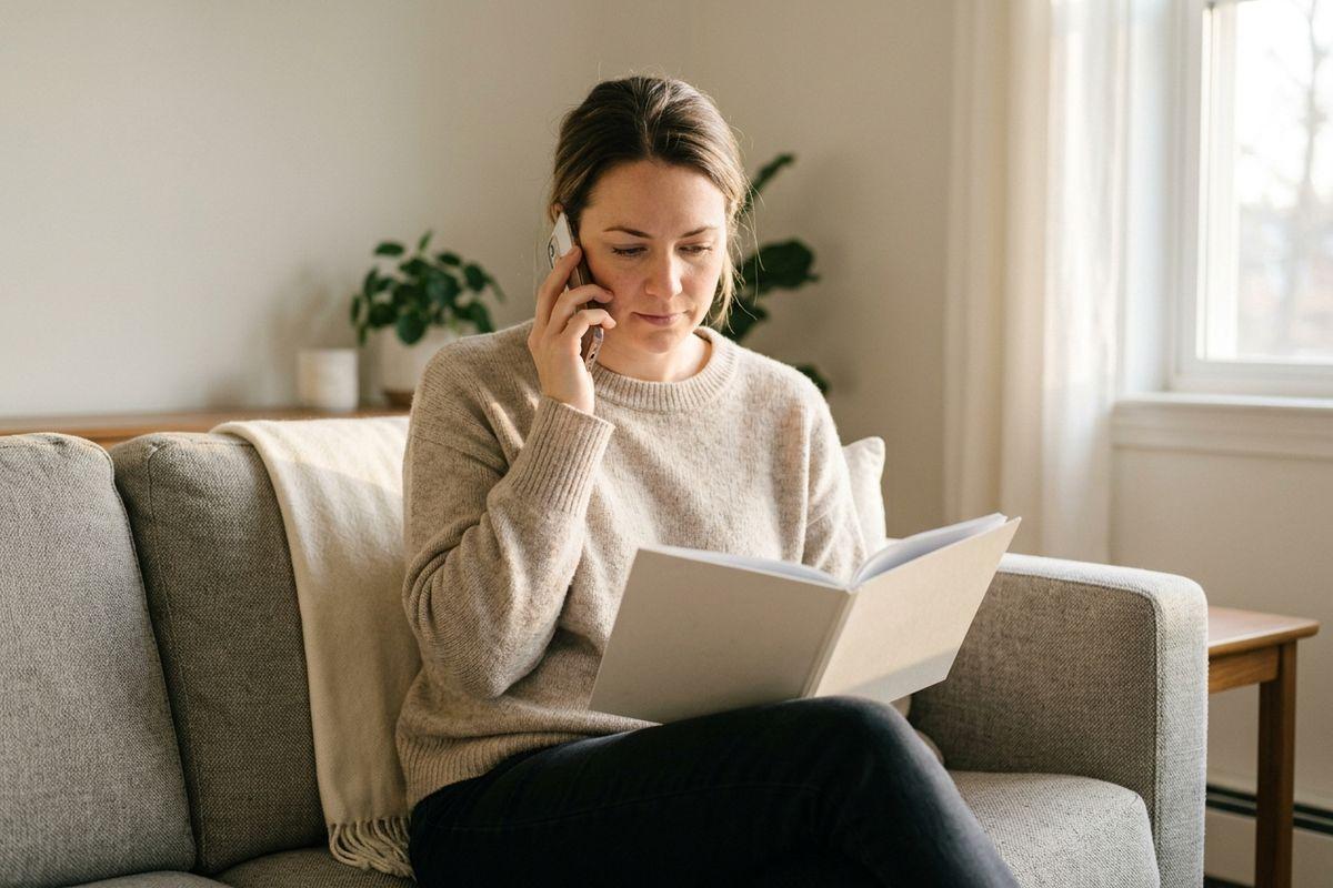 Person sitting on a beige sofa, talking on a phone while looking at an open book resting on their lap, beside a sunlit window.