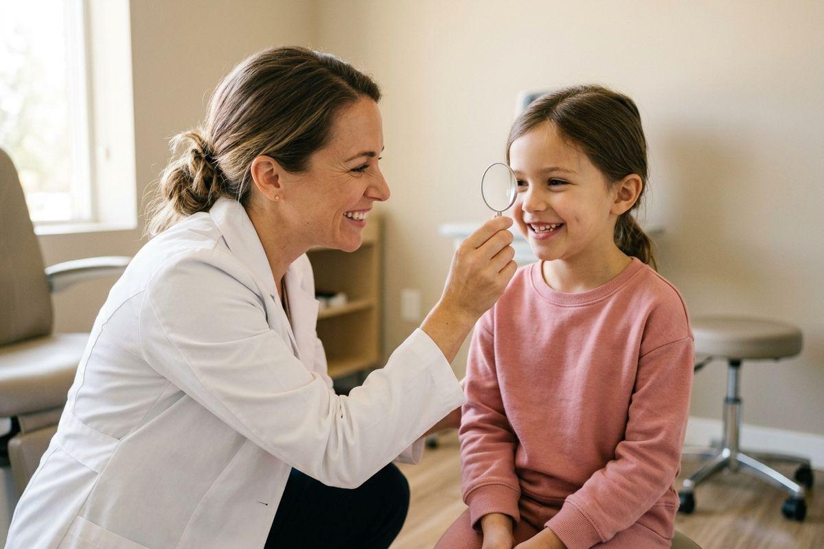 Doctor holds a magnifying glass up to a smiling child's eye during an exam room visit; both are laughing.