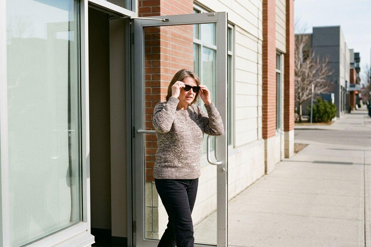 Person adjusting sunglasses with both hands while stepping out of a glass door onto a sunny sidewalk beside a brick building.
